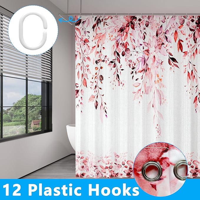 Pink Eucalyptus Leaves Shower Curtain for Bathroom:Aesthetic Art Watercolor Plant Shower Curtains Sets with Hooks,Waterproof Fabric Decor 72x84 inches.