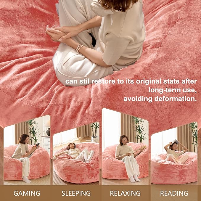 Bean Bag Chair for Adults,6FT Oversize Floor Bean Bags Offers Ample Space for Adults,Memory Foam Giant Bean Bags,Lounger Versatile Design Suits Any Room,Movie Nights,Reading (Pink, 6FT)