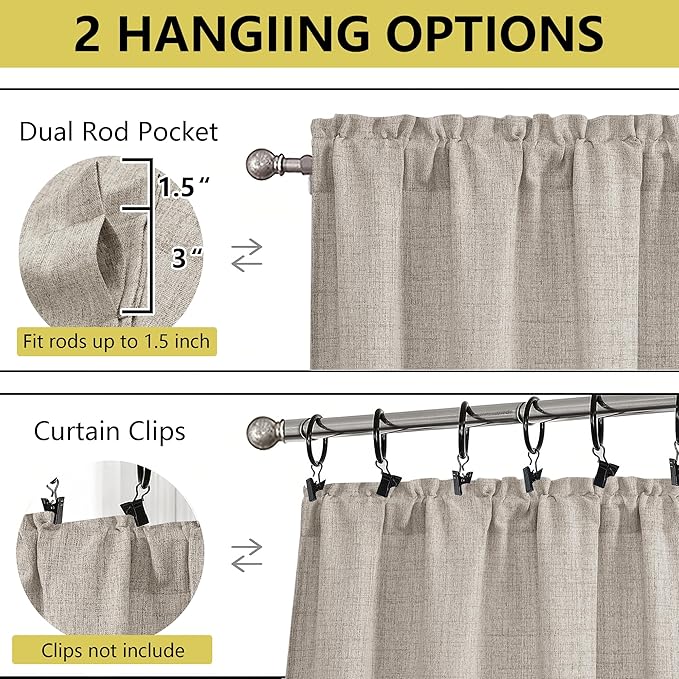 Linen Kitchen Curtains 36 Inch Length 2 Panels, Light Filtering Farmhouse Faux Linen Textured Short Curtains for Windows, Small Curtain Tier for Cafe Cabinet Bathroom RV Camper, 30Wx36L Inch