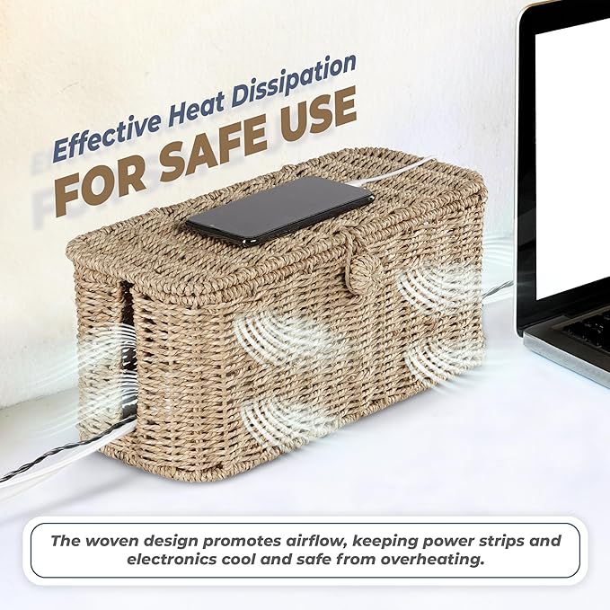 2-Pack Large Cable Management Box, Natural Rattan Cable Cord Organizer Boxes for Power Strip – 2 Open Slots Cords Hider Box for TV Wires, Computer, Router, USB Hub and Under Desk Power Strip