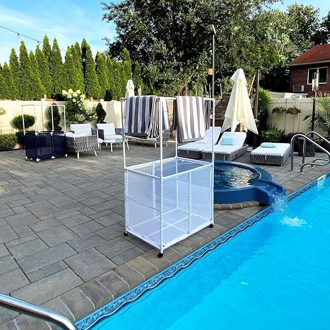 Pool Equipment Holder with Towel Drying Bars, Mesh Rolling Multi Use Storage Organizer Bin, Large Towel Hanger (25" L x 34.5" W x 62.6" H), White