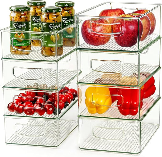 Hudgan Set Of 8 Fridge Organizer Bins, Stackable Plastic Organizer Bins for Fridge Pantry, 4 Large and 4 Small Refrigerator Organizers and Storage - Food Safe, BPA Free