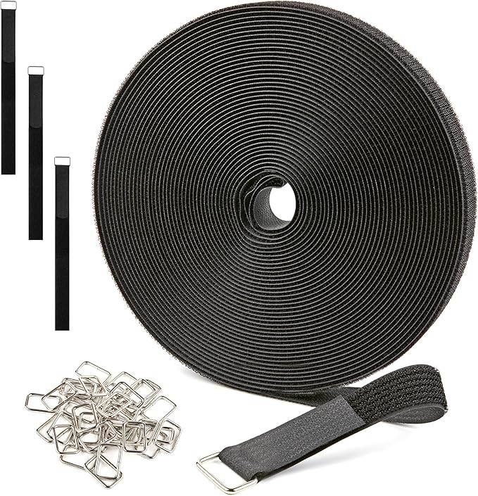 1" x 40ft Reusable Cable Straps Roll with 50 Metal Buckles Adjustable Cut-to-Length Nylon Cable Ties and Fastening Straps for Organizing and Storage Black