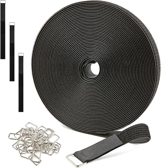 1" x 40ft Reusable Cable Straps Roll with 50 Metal Buckles Adjustable Cut-to-Length Nylon Cable Ties and Fastening Straps for Organizing and Storage Black