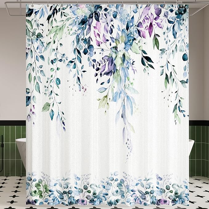 Green Eucalyptus Leaves Shower Curtain for Bathroom:Aesthetic Art Watercolor Plant Shower Curtains Sets with Hooks,Waterproof Fabric Decor 60x72 inches.