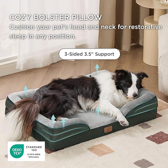 Bedsure L Plus Orthopedic Dog Bed for Large Dogs - Waterproof Dog Cat Bed, L Plus Big Comfort Dogs Couch Sofa with Washable Removable Cover, Pet Bed with Nonskid Bottom, Boreal Canopy Green, 38"