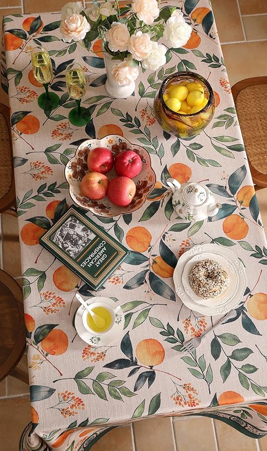 patdrea Designer Vintage Linen Rectangle Table Cloth,Framhouse Oranges and Leaves Pattern French Tablecloth,Fall Decor Cover for Kitchen Dining Christmas,Thanksgiving,55"x79"-Palladin a