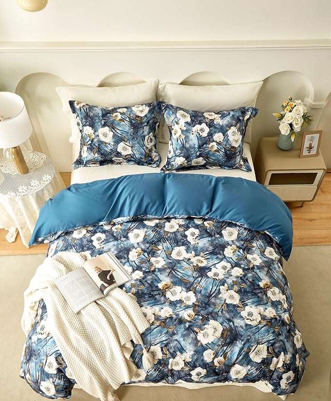 Cupocupa Duvet Cover Full Size Set Boho Floral Pattern Full Duvet Cover Set for Full Size Bed Vintage Soft Bedding Leaf Print Duvet Cover with Pillowcases