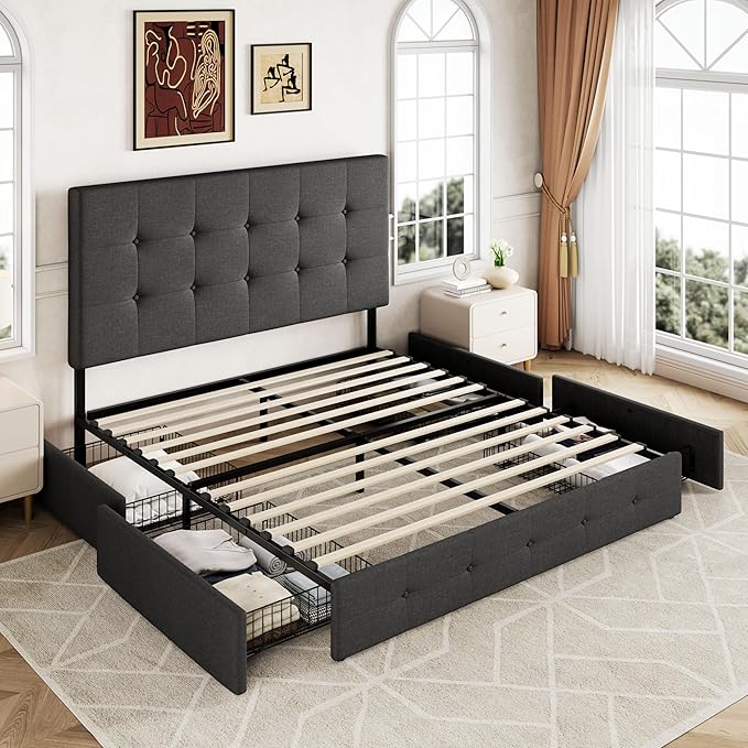 Allewie Upholstered Queen Size Platform Bed Frame with 4 Storage Drawers and Headboard, Square Stitched Button Tufted, Mattress Foundation with Wooden Slats Support, No Box Spring Needed, Dark Grey