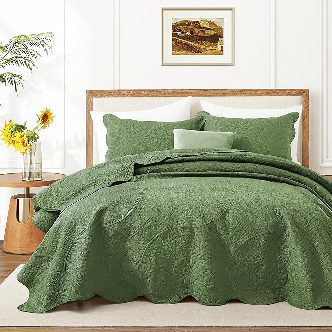 IR Imperial Rooms Queen Quilt Bedding Set Size (90" x 96") + 2 Pillow Shams (20" x 26"+ 2") - 3 Pcs All Season Lightweight Reversible Microfiber Coverlet Floral Embossed Quilt Bedspread (Olive Green)
