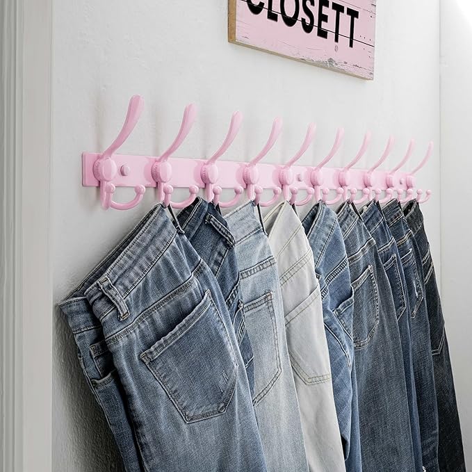 Dseap MaxStrong 2.0 Coat Rack Wall - 37” Long 10 Tri Hooks - Ultra Heavy-Duty Stainless Steel Wall Mount Coat Hanger, Hook Rail for Clothes Hats Jacket Towels Pink, Pack of 2