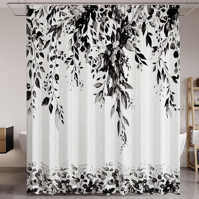 Black Eucalyptus Leaves Shower Curtain for Bathroom:Aesthetic Art Watercolor Plant Shower Curtains Sets with Hooks,Waterproof Fabric Decor 60x72 inches.