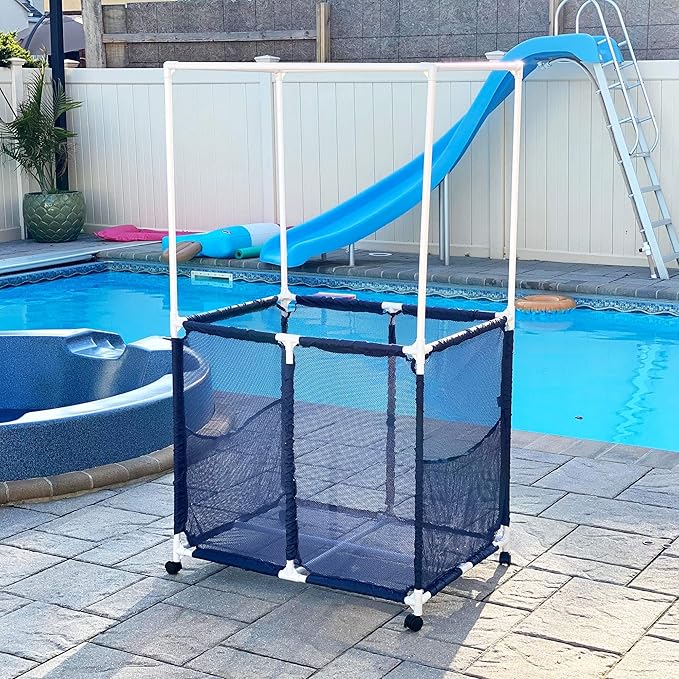 Pool Equipment Holder with Towel Drying Bars, Mesh Rolling Multi Use Storage Organizer Bin, Large Towel Hanger (25" L x 34.5" W x 62.6" H), Blue/White