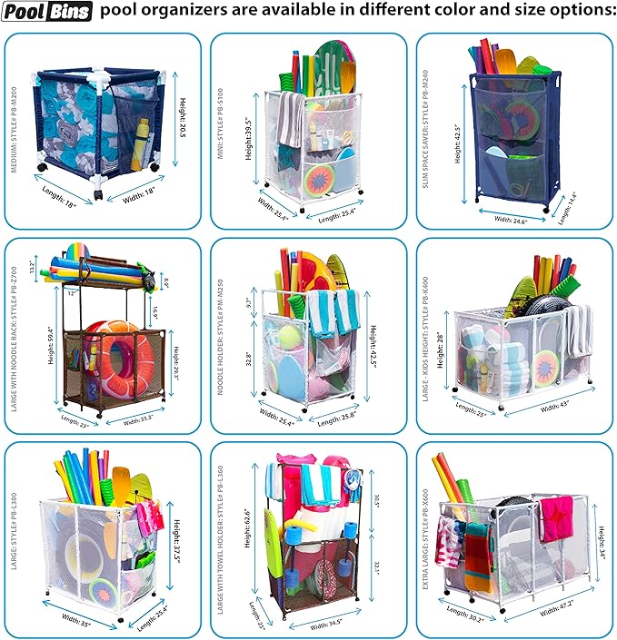 Pool Equipment Holder with Towel Drying Bars, Mesh Rolling Multi Use Storage Organizer Bin, Large Towel Hanger (25" L x 34.5" W x 62.6" H), Blue/White