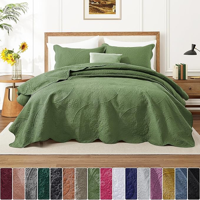 IR Imperial Rooms Queen Quilt Bedding Set Size (90" x 96") + 2 Pillow Shams (20" x 26"+ 2") - 3 Pcs All Season Lightweight Reversible Microfiber Coverlet Floral Embossed Quilt Bedspread (Olive Green)