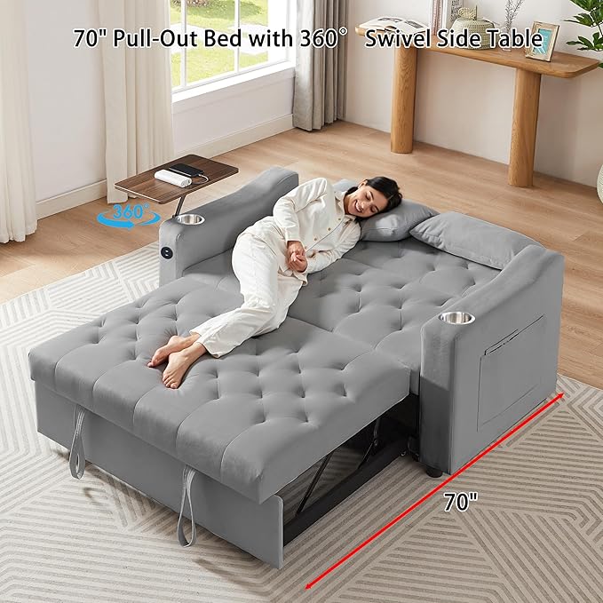 53'' Convertible Sleeper Sofa Bed with Adjustable Backrest, Chaise Lounge, Side Table & Two Pillows – Stylish & Functional Addition to Any Living Room (Modern Grey)