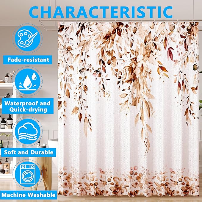 Brown Eucalyptus Leaves Shower Curtain for Bathroom:Aesthetic Art Watercolor Plant Shower Curtains Sets with Hooks,Waterproof Fabric Decor 72x84 inches.