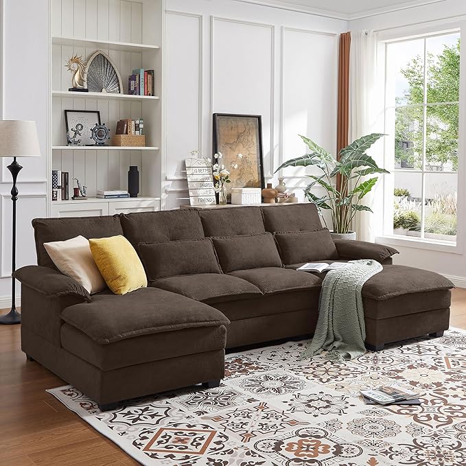 110" Convertible Sectional Sofa, U Shape Cloud Couch, Comfy Couches with Double Chaise and Sleepable Armrests, 4 Seats Sectional Couches for Living Room, Coffee