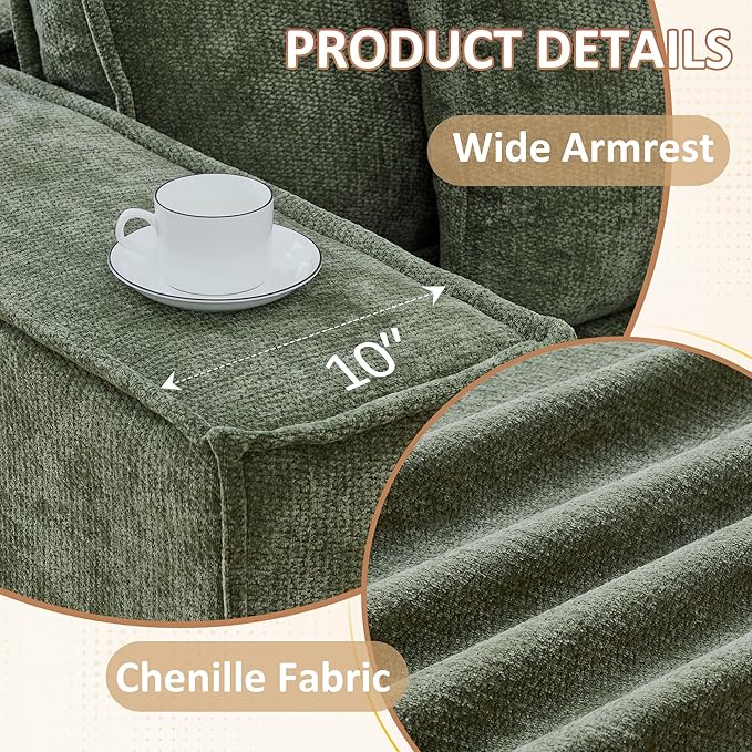 108'' Boneless Chenille U Shaped Couch, Oversized Modular Sectional 5 Seater Sofa, Modern Deep Seat Corner Cloud Compressed Couch, No Assembly Sleeper Sofa with Chaise for Living Room, Green