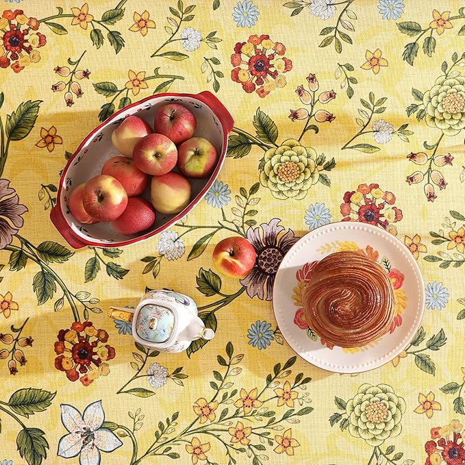 Vintage Linen Tablecloth for Round Table,Yellow Floral French Wrinkle Free Tablecloths,Decorative Table Cover for Kitchen,Dining,Thanksgiving,Christmas,Party,Diameter 67"-Bellano