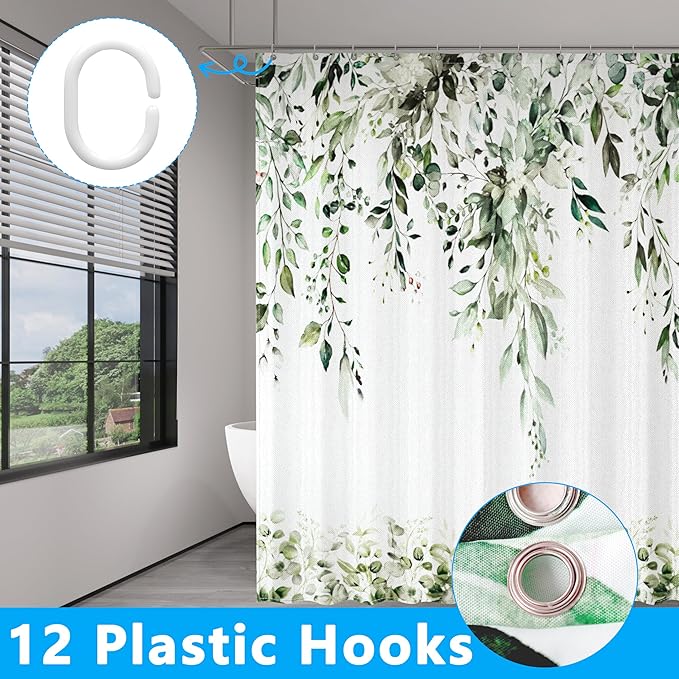 Olive Green Eucalyptus Leaves Shower Curtain for Bathroom:Aesthetic Art Watercolor Plant Shower Curtains Sets with Hooks,Waterproof Fabric Decor 60x72 inches.