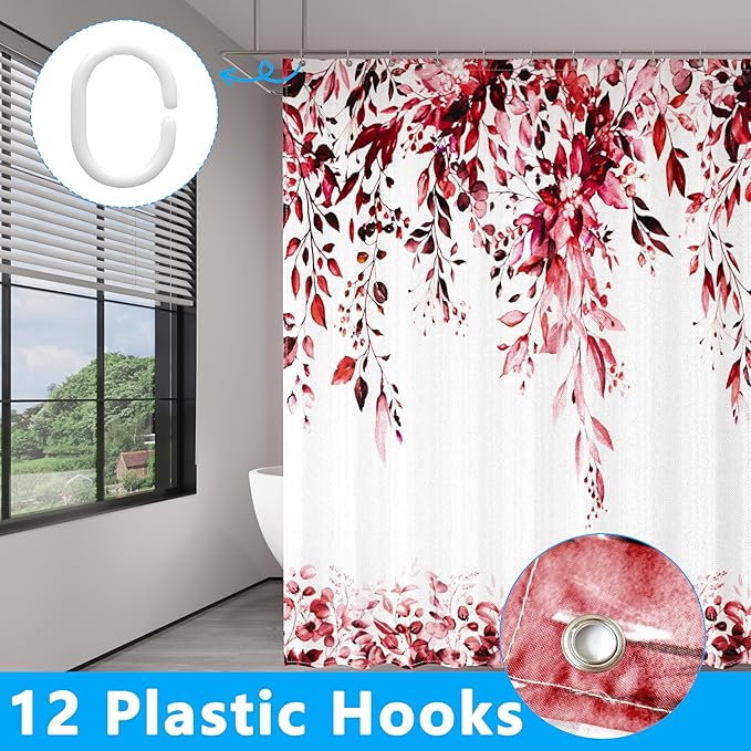 Red Eucalyptus Leaves Shower Curtain for Bathroom:Aesthetic Art Watercolor Plant Shower Curtains Sets with Hooks,Waterproof Fabric Decor 60x72 inches.