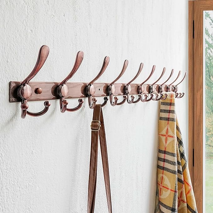 Dseap MaxStrong 2.0 Coat Rack Wall - 37” Long 10 Tri Hooks - Ultra Heavy-Duty Stainless Steel Wall Mount Coat Hanger, Hook Rail for Clothes Hats Jacket Towels Antique Copper