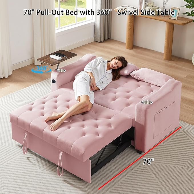 53'' Convertible Sleeper Sofa Bed with Adjustable Backrest, Chaise Lounge, Side Table & Two Pillows – Stylish & Functional Addition to Any Living Room (Modern Pink)