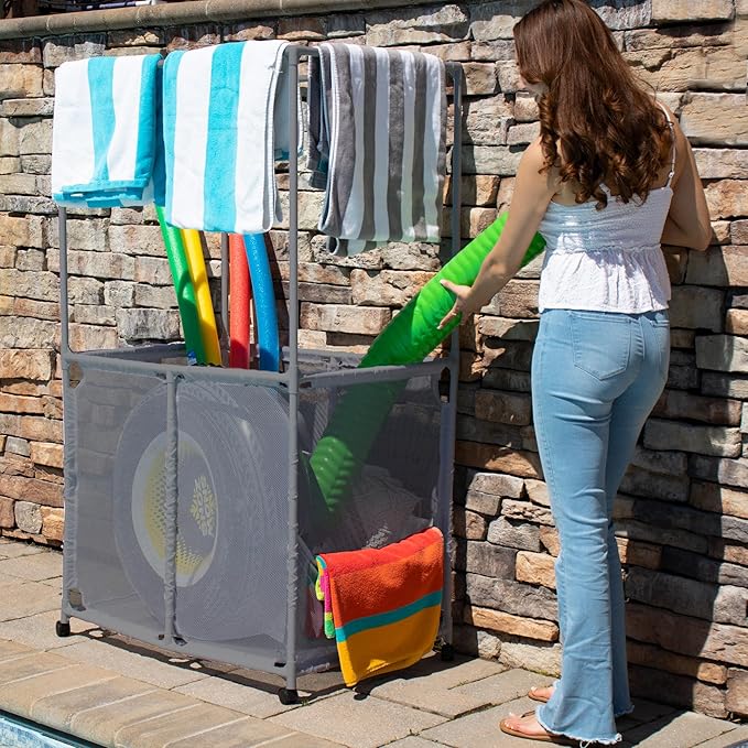 Pool Equipment Holder with Towel Drying Bars, Mesh Rolling Multi Use Storage Organizer Bin, Large Towel Hanger (25" L x 34.5" W x 62.6" H), Gray