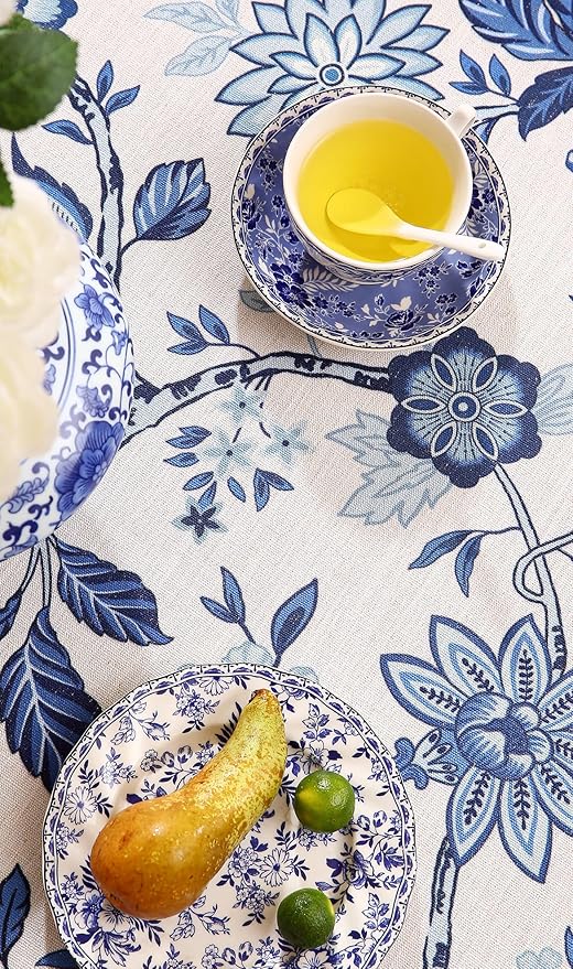 Vintage French Linen Round Tablecloth,Blue and White Floral Wrinkle Free Tablecloths,Decorative Table Cover for Kitchen,Dining,Tea Party,Thanksgiving,Christmas,Diameter 67"-Suqing