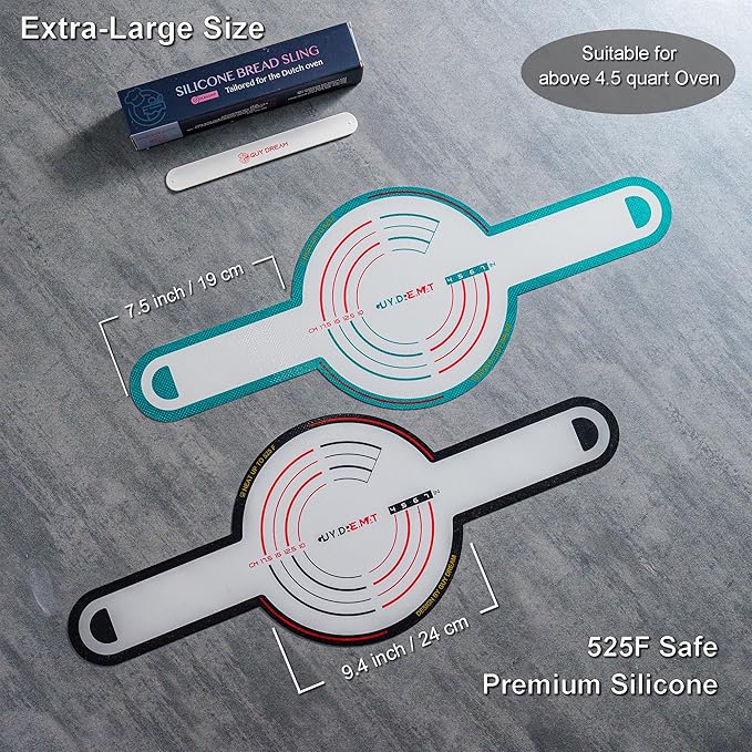 GUYDREMAT 2 Pcs XL Silicone Bread Sling - Heat Resistant Beyond 500F, 9.4" Extra Large Size, Non-Stick Food-Grade Baking Mat for Sourdough, Artisan Loaves, and Large Dutch Ovens, Durable and Reusable