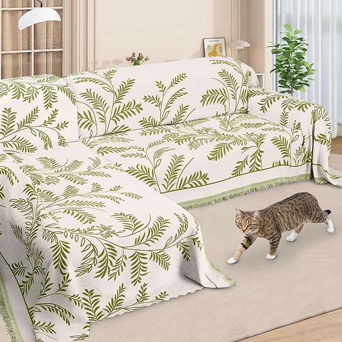 ALIECOM Boho Couch Covers for Sectional Sofa 2 Piece Thick Chenille L Shape Sofa Cover Washable Reversible Couch Cover Blanket Chaise Slipcovers Pet Dog Furniture Protector (X-Large, Leaves Green)