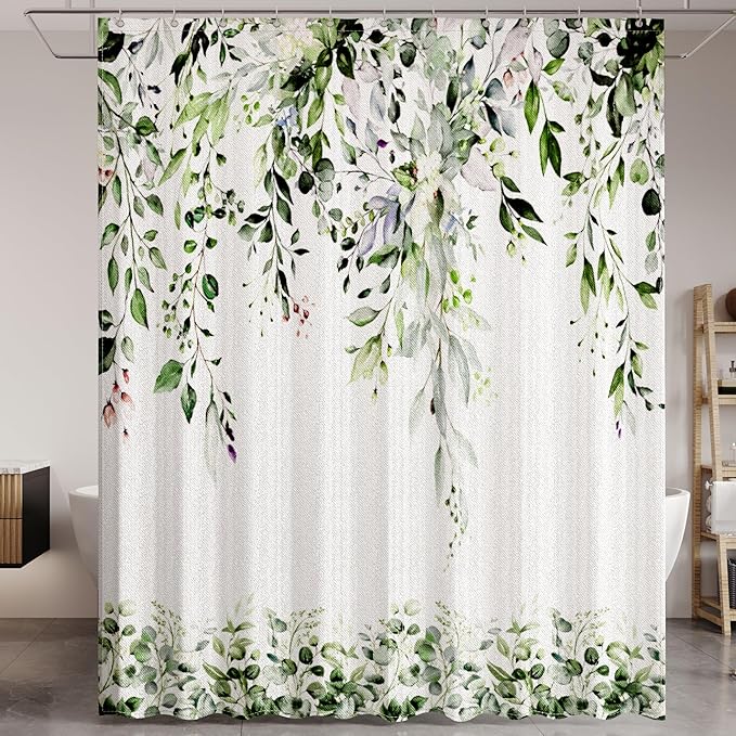 Olive Green Eucalyptus Leaves Shower Curtain for Bathroom:Aesthetic Art Watercolor Plant Shower Curtains Sets with Hooks,Waterproof Fabric Decor 60x72 inches.