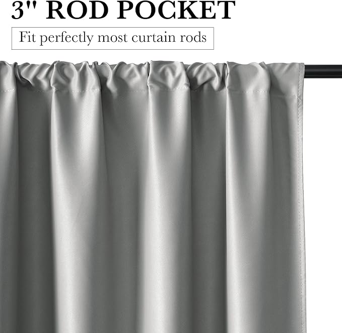 RYB HOME Bedroom Blackout Curtains 63 inches Long, 100% Blackout Thermal Insulated Noise Reducing Curtains for Living Room Nursury, 34 inches Wide by 63 inches Long, Silver Grey