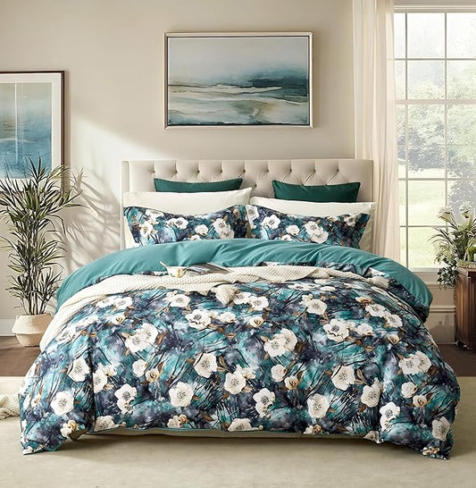 Cupocupa Duvet Cover King Size Set Boho Floral Pattern King Duvet Cover Set for King Size Bed Vintage Soft Bedding Leaf Print Duvet Cover with Pillowcases