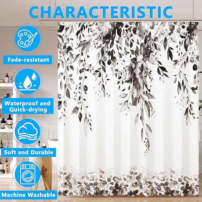 Black Eucalyptus Leaves Shower Curtain for Bathroom:Aesthetic Art Watercolor Plant Shower Curtains Sets with Hooks,Waterproof Fabric Decor 60x72 inches.