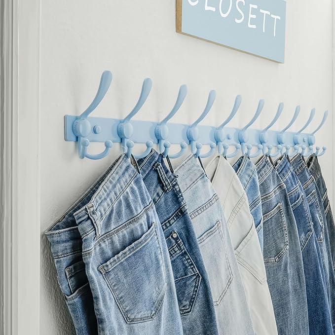 Dseap MaxStrong 2.0 Coat Rack Wall - 37” Long 10 Tri Hooks - Ultra Heavy-Duty Stainless Steel Wall Mount Coat Hanger, Hook Rail for Clothes Hats Jacket Towels Blue