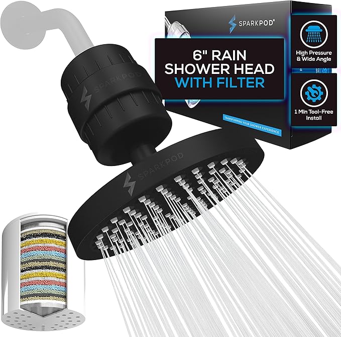 SparkPod Luxury Filtered Shower Head Set 23 Stage Shower Filter - Reduces Chlorine and Heavy Metals - High Pressure Showerhead Filter (6" Round, Midnight Black Matte)