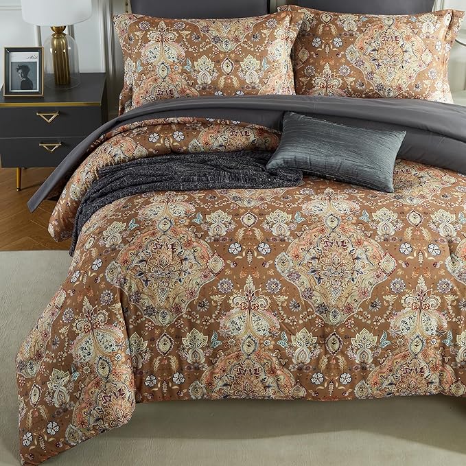 Cupocupa Duvet Cover King Size Set Boho Floral Pattern King Duvet Cover Set for King Size Bed Vintage Soft Bedding Leaf 100% Polyester Print Paisley Duvet Cover with Pillowcases