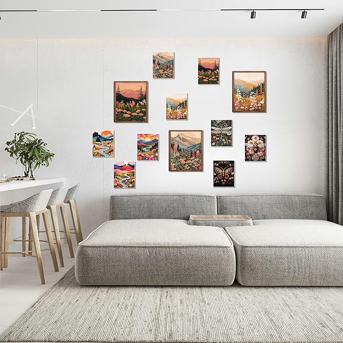 Colorful Nature Floral Wall Art Set of 3 12x16in Wood Framed, with 9 Bonus 8x10in Poster Art Prints, Boho Retro Wildflower Landscape Artwork Wall Decor for Living Room Bedroom Home Decor
