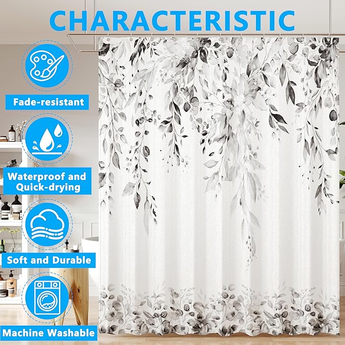 Grey Eucalyptus Leaves Shower Curtain for Bathroom:Aesthetic Art Watercolor Plant Shower Curtains Sets with Hooks,Waterproof Fabric Decor 60x72 inches.