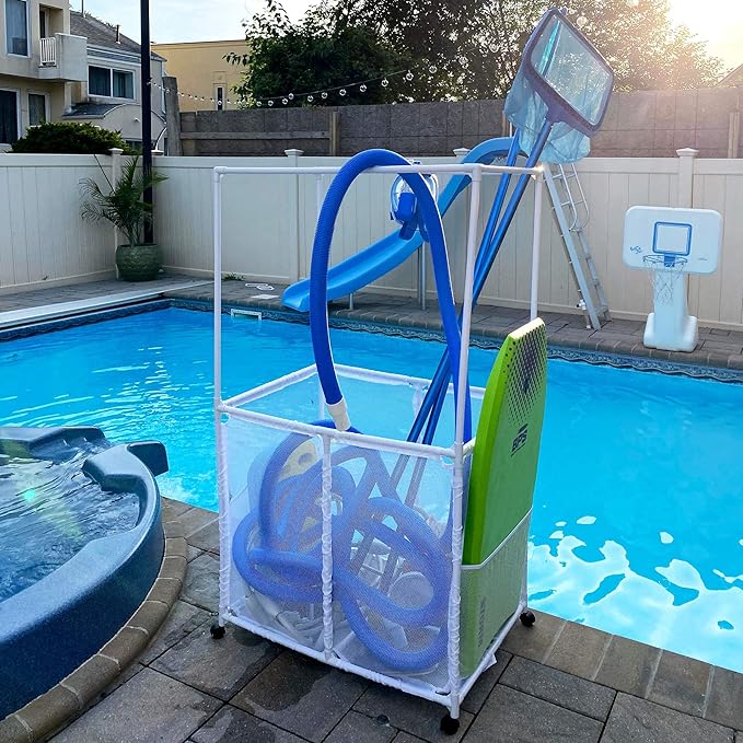 Pool Equipment Holder with Towel Drying Bars, Mesh Rolling Multi Use Storage Organizer Bin, Large Towel Hanger (25" L x 34.5" W x 62.6" H), White