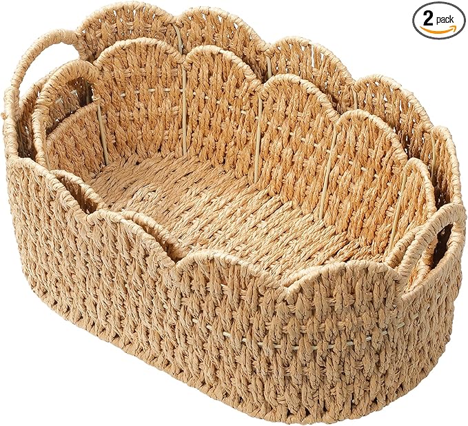 Paper Rope Scalloped Basket Set of 2,Woven Storage Baskets for Shelves,Laundry,Towels,Clothes,Books,Toys,Cute Decor Baskets for Organizing,Natural Color