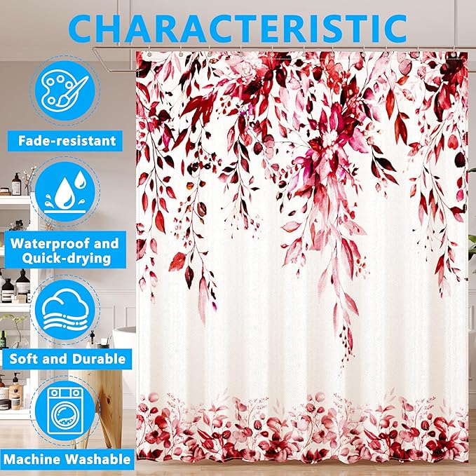 Red Eucalyptus Leaves Shower Curtain for Bathroom:Aesthetic Art Watercolor Plant Shower Curtains Sets with Hooks,Waterproof Fabric Decor 72x84 inches.