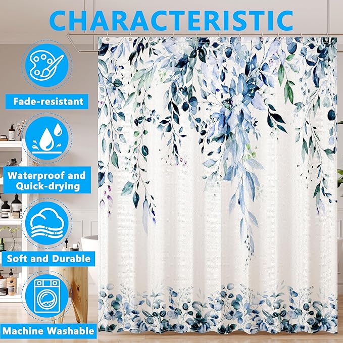 Blue Eucalyptus Leaves Shower Curtain for Bathroom:Aesthetic Art Watercolor Plant Shower Curtains Sets with Hooks,Waterproof Fabric Decor 72x72 inches.