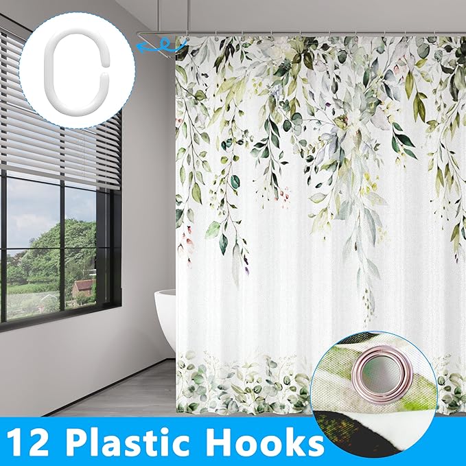 Sage Green Eucalyptus Leaves Shower Curtain for Bathroom:Aesthetic Art Watercolor Plant Shower Curtains Sets with Hooks,Waterproof Fabric Decor 72x72 inches.