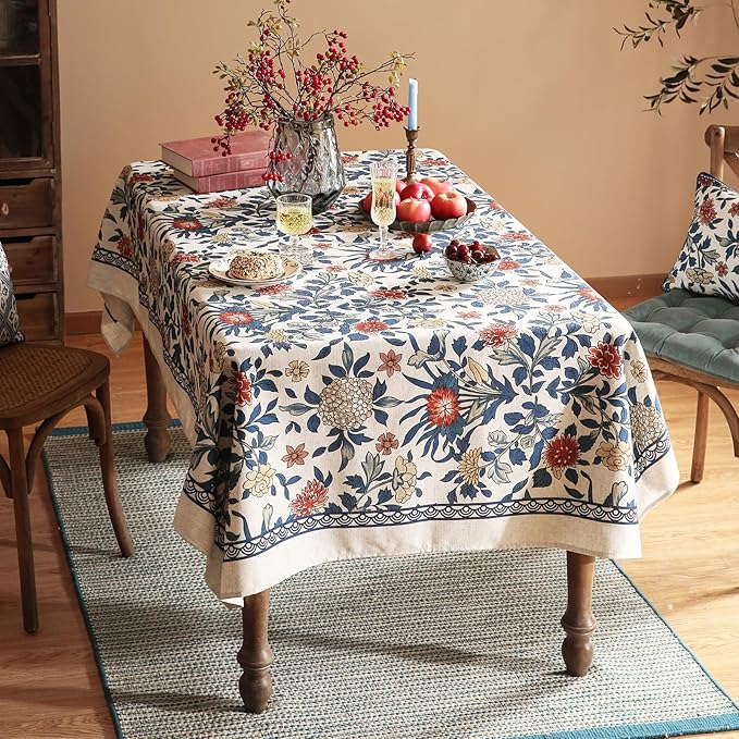 patdrea Designer Small Blue Tablecloth for Square Table,Vintage Linen with Leaves and Floral Pattern Tablecloths,Farmhouse Decor Cover for Kitchen Dining,Christmas,Thanksgiving,55"x55"-Ivar a