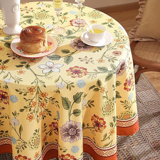 Vintage Linen Tablecloth for Round Table,Yellow Floral French Wrinkle Free Tablecloths,Decorative Table Cover for Kitchen,Dining,Thanksgiving,Christmas,Party,Diameter 67"-Bellano
