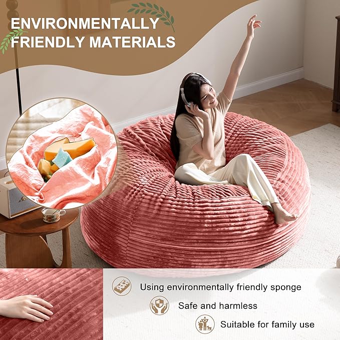 Bean Bag Chair for Adults, Floor Bean Bags Offers Ample Space for Adults,Memory Foam Giant Bean Bags,Lounger Versatile Design Suits Any Room,Movie Nights,Reading (Striped Pink, 6FT)