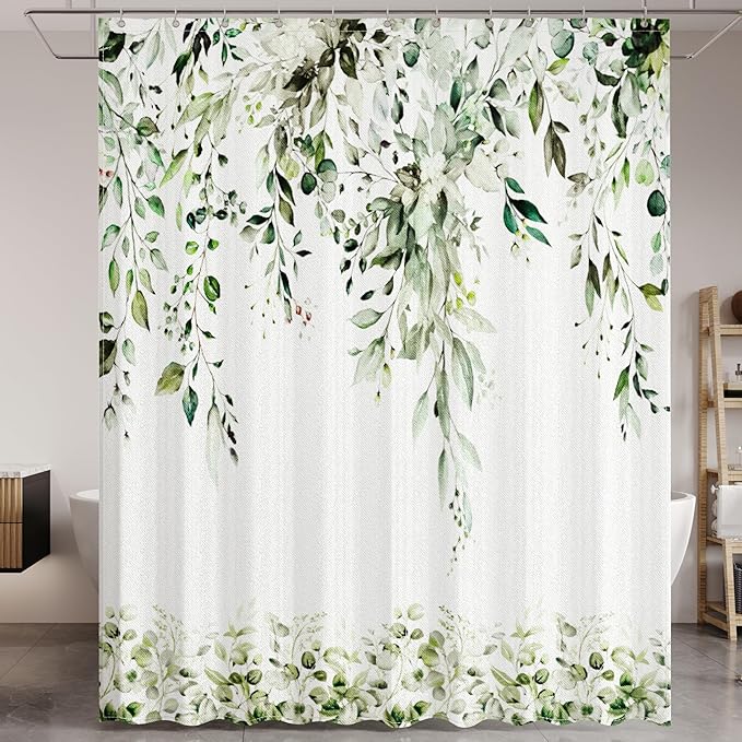 Sage Green Eucalyptus Leaves Shower Curtain for Bathroom:Aesthetic Art Watercolor Plant Shower Curtains Sets with Hooks,Waterproof Fabric Decor 72x72 inches.